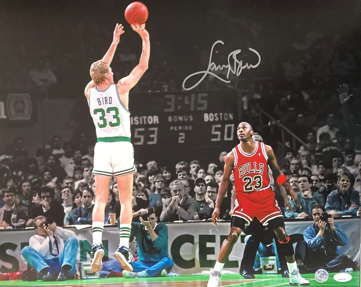 Larry Bird Signed 16x20 Boston Celtics vs Michael Jordan Photo Bird JSA ITP