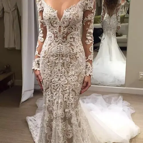 Roycebridal Gorgeous Ivory Backless Lace Mermaid Long Wedding Dresses with Appliques, MW155