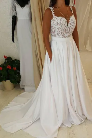 Roycebridal White Sweetheart Lace Top Spaghetti Straps Long Wedding Dresses with Pocket, MW221